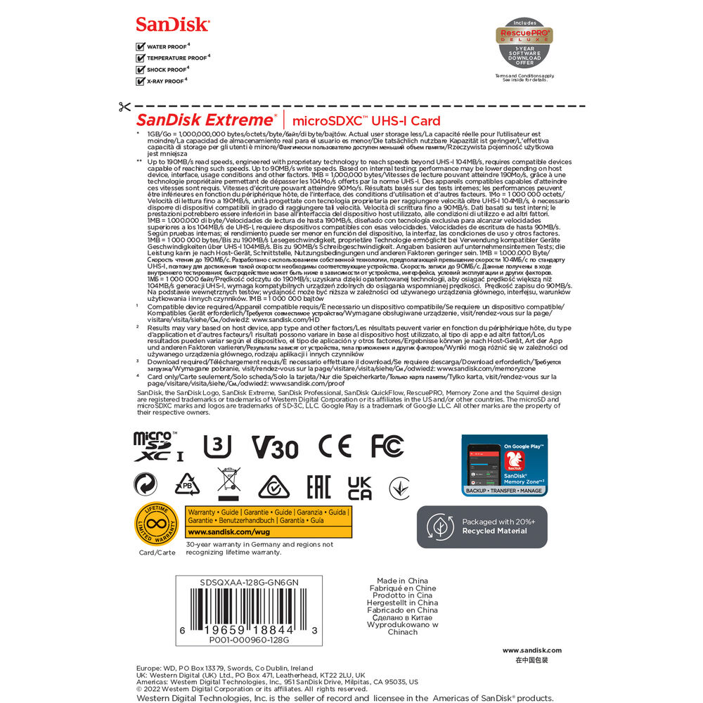 Sandisk 128gb MicroSd Extreme 190Mbs Micro SD Memory Card